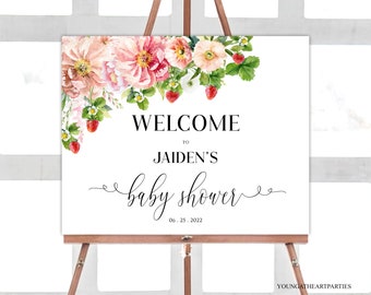 Strawberry Welcome Sign Template, Strawberry Baby Shower Welcome Sign, Strawberry Bridal Shower Sign, Editable Template, Digital Download