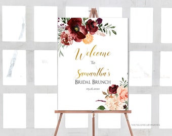 Fall Bridal Brunch Welcome Sign Template, Burgundy Blush Fall Bridal Shower, Editable Fall Boho Bridal Welcome Poster, Instant Download