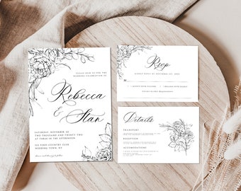 Modern Floral Wedding Invitation Suite, Editable Simple Elegant Wedding Invite Set, Sketch Illustrated Flowers, Calligraphy Handwritten Font