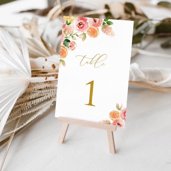 Pink Floral Citrus Table Numbers Template, Citrus Table Number Signs, Main Squeeze Table Numbers Printable, Summer Bridal Baby Shower,