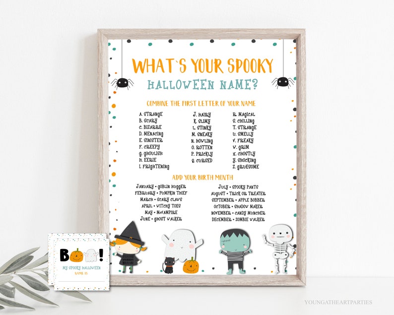 What's Your Spooky Halloween Name Game Sign and Cards, Cute Halloween Kids Party Activities, Printable Halloween Game, Instant Download, CH1 image 1