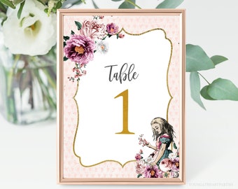 Editable Alice In Wonderland Table Numbers, Vintage Shower Mad Tea Party Table Number Cards, Printable Wonderland Table Numbers