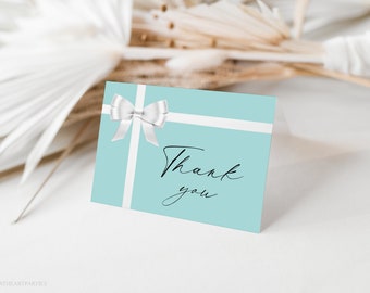 Bride & Co. Thank You Card Template, Editable White Bow with Aqua Blue Note Card, Audrey Hepburn Breakfast At Inspired Thank You Card, BTD