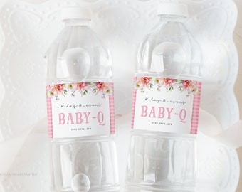 Pink Gingham BabyQ Water Bottle Sticker Label, Editable BBQ Baby Shower Water bottle Wrappers, Baby Q Shower Water bottle Label Template