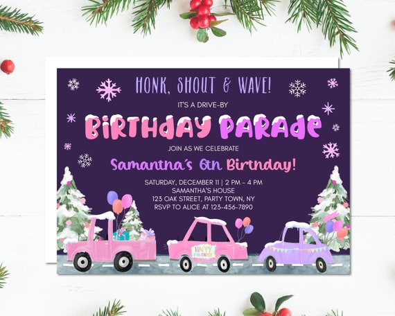 Editable Winter Drive By Birthday Invitation Parade Winter Virtual Party Invite Girl Pink Purple Quarantine Download Digital Corjl Il_570xn