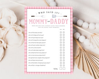 Pink Gingham Baby Q Who Said It, Baby BBQ Mommy or Daddy Game, Editable Backyard Baby Shower Games, Couples Baby-Q Guess Who Said It Game