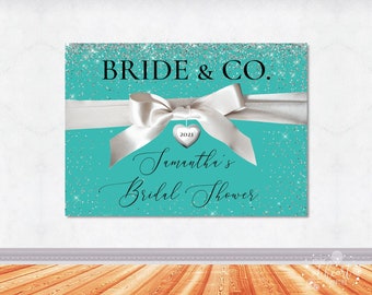 Editable Bride & Co. Bridal Shower Photo Backdrop, White Satin Bow Banner, Breakfast at Themed Bridal Shower, Teal and White Backdrop