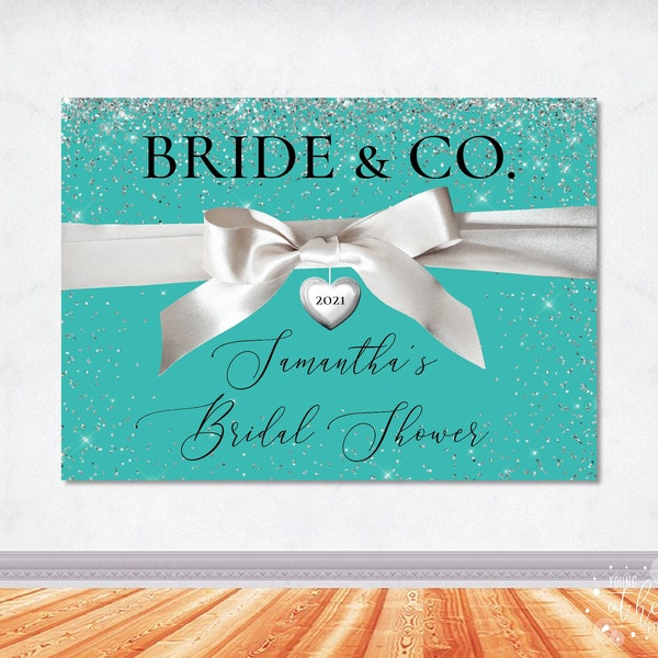 Editable Bride & Co. Bridal Shower Photo Backdrop, White Satin Bow Banner, Breakfast at Themed Bridal Shower, Teal and White Backdrop