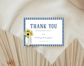 Navy Blue Gingham Baby-Q Thank You Card, BBQ Shower Thank You Notes, Baby BBQ Thank You Notes, Editable with Corjl, Baby Q Card Note Card