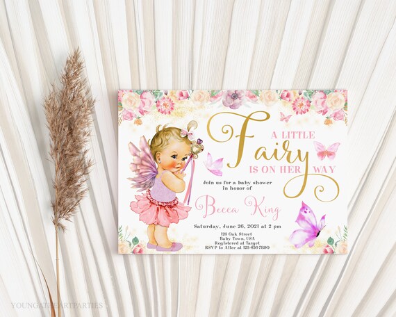 Editable Fairy Baby Shower Invitation, Butterfly Baby Shower Invite, Pink and Gold, Baby Girl Shower Invitation, Instant Download, Corjl Il_570xn