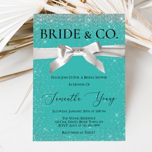 Editable Bride & Co. Bridal Shower Invitation, White Satin Bow Invitation, Teal Blue Invitation, Breakfast at Shower Theme, Instant Download