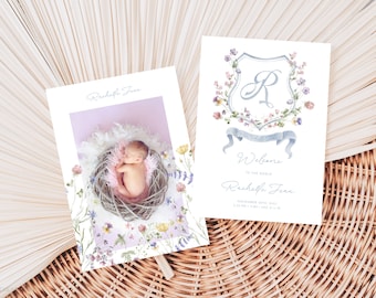 Pretty Pastel Floral Welcome Baby Announcement, Wildflower Monogram Baby Crest Announcement Card, Editable Boho Baby Girl Photo Announcement