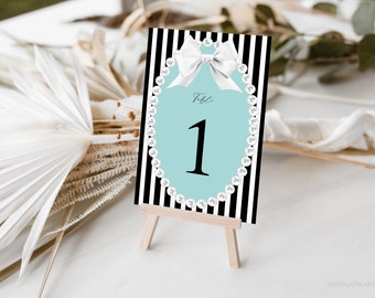 Bride & Co. Table Number Cards, White Bow with Aqua Blue Table Numbers, Audrey Hepburn Breakfast Inspired Shower, Editable Template, BTD