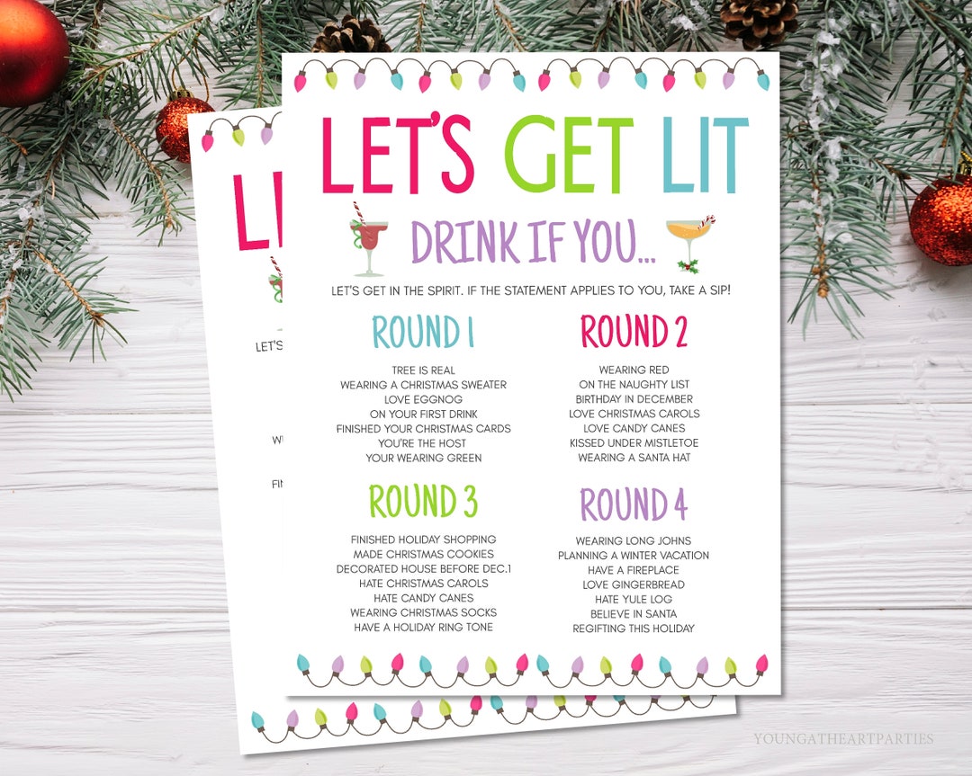 Christmas Drinking Game, Printable Let's Get Lit Christmas Party