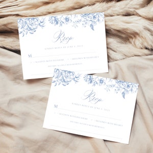 Blaue Toile Braut-RSVP-Vorlage, Vintage Blue Botanicals Brautdusche Rsvp, bearbeitbarer französischer blauer Barock-RSVP-Einschluss, BBT