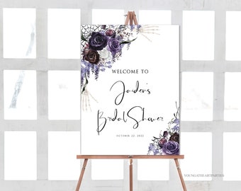 Gothic Bridal Shower Welcome Sign Template, Editable Halloween Bridal Welcome Poster, Purple Black, Elegant Halloween Florals, SBHB01