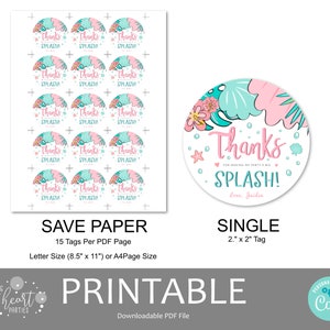 Pastel Tropical Pool Party Thank You Tag Template, Girls Pool Birthday Party Round Favor Tags, Splish Splash Pink Pool Party Favors, Corjl image 5
