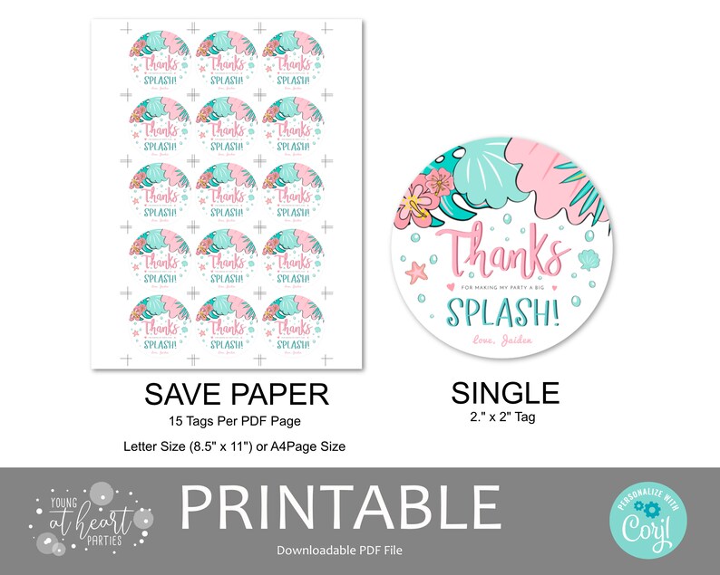 Pastel Tropical Pool Party Thank You Tag Template, Girls Pool Birthday Party Round Favor Tags, Splish Splash Pink Pool Party Favors, Corjl image 5