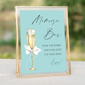 Bride & Co. Bridal Shower Mimosa Sign, White Bow with Aqua, Mimosa Bar Sign Template, Bubbly Bar Sign, Breakfast at Theme Shower, BTD