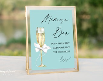 Bride & Co. Bridal Shower Mimosa Sign, White Bow with Aqua, Mimosa Bar Sign Template, Bubbly Bar Sign, Breakfast at Theme Shower, BTD