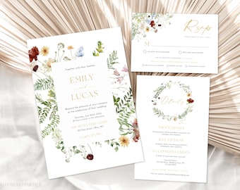 Botanical Wildflower Wedding Invitation Suite, Boho Wildflowers Wedding Invitation, Printable Wedding Invitation, Instant Download, BWF2