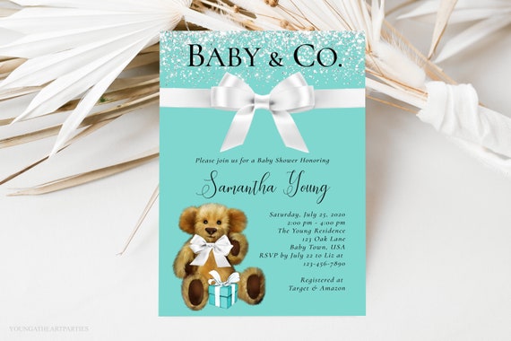 Baby and Co Invitation, Teal Baby Shower Invitation, Teddy Bear Baby Shower, White Satin Bow, Silver Sparkles, Editable Template Il_570xn