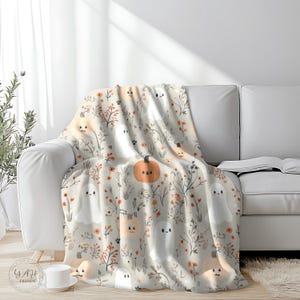 Spooky Pumpkins and Ghosts Plush Blanket,  Cute Halloween Blanket, Halloween Decor, Cozy Throw for Fall, Cottagecore Halloween Sofa Throw