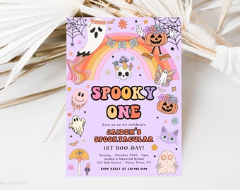 Groovy  Spooky 1st Birthday Invitation, Editable Spooky One Girl's Birthday Invite, Purple Pink, Retro Groovy Rainbow Ghost Hippie Party