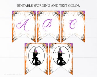 Halloween Baby Shower Banner Template, Editable Witch Baby Shower Banner, Purple Orange Black Baby Shower Decor, Printable Bunting