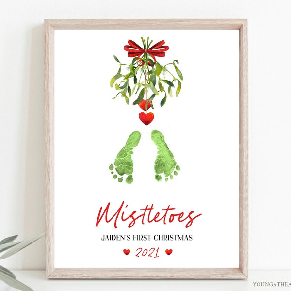 Editable Mistletoes Baby Print Keepsake, Personalized Baby's First Christmas Printable Keepsake, Xmas Baby Foot Prints Download, Corjl