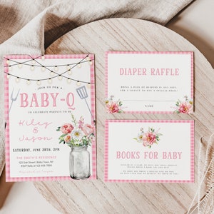 Baby-Q Shower Girl Invitation Bundle, BBQ Couples Baby Shower Suite, Pink Baby Girl Shower, Couples Baby Shower Invite Set, Backyard Shower image 1