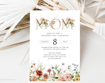 Mother's Day Wild Flower Luncheon Invitation Template, Mothers Day Brunch Invitation, Editable Mothers Day Party Invitation, Corjl