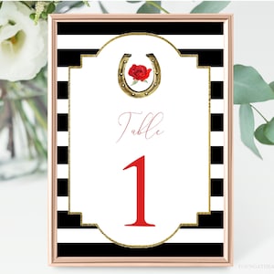 Modelo de números de mesa de festa de Kentucky Derby, cartões de mesa de festa de corrida de cavalos editáveis, decoração de derby de rosas vermelhas, números de mesa, corjl