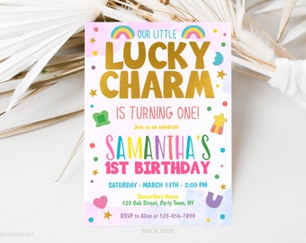 Editable Lucky Charm Birthday Invitation St. Patrick's 1st Birthday Invitation Lucky Lady Pink Shamrock Four Leaf Clover Instant Download