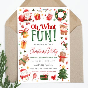 Kids Christmas Party Invitation Template, Editable Cute Christmas Party Invite, Oh What Fun Holiday, Christmas Invitation Download, KSF