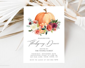 Thanksgiving Dinner Invitation Template, Editable Thanksgiving Party Invite, Fall Floral Pumpkins, Thanksgiving Digital Download, FPI001