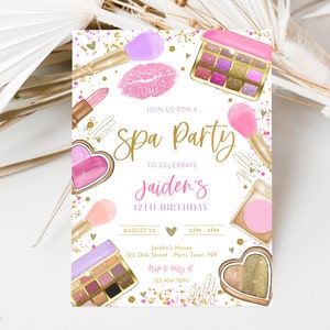 Spa Makeup Birthday Party Invitation, Editable Glam Party Invitation, Pink and Gold, Girls Spa Party, DIY Template, Makeup Party Invite