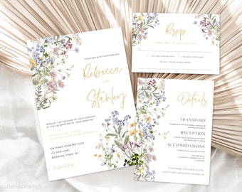 Boho Wildflower Wedding Set Template, Botanical Wildflower Wedding Invitation Suite, Printable Floral Wedding Bundle, Instant Download, WMF