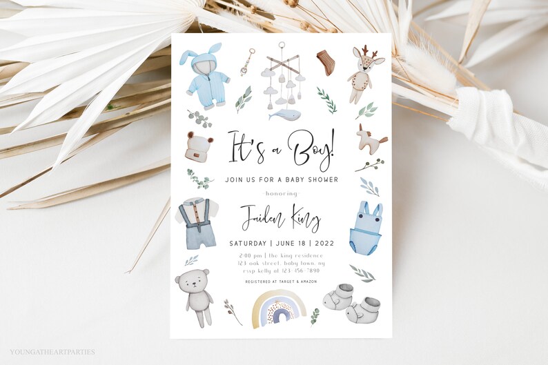 Boho Baby Boy Shower Invitation Template Modern Boy Baby Etsy