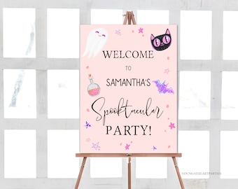 Girls Pink Halloween Birthday Welcome Sign Template, Editable Pastel Halloween Party Welcome Poster, Pink Halloween Party Decorations, PH02