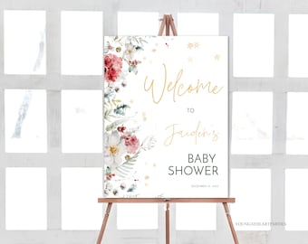 Christmas Wildflower Baby Shower Welcome Sign Template, Editable Boho Winter Welcome Poster, Holiday Welcome Sign, Bohemian Florals, WBBS