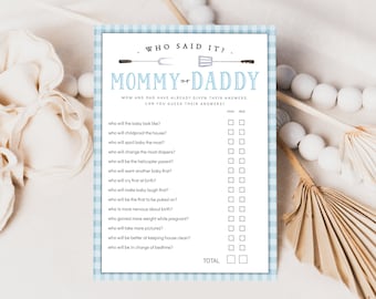 Blue Gingham Baby Q Who Said It, Baby BBQ Mommy or Daddy Game, Editable Backyard Baby Shower Games, Couples Baby-Q Guess Who Said It Game