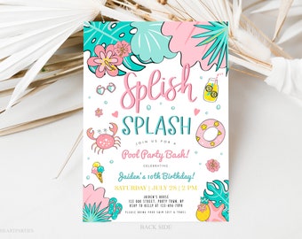 Pastel Pink Tropical Splish Splash Pool Party Birthday Invitation Template, ANY AGE Girl Tropical Pool Party Invite, Pool Party Invite