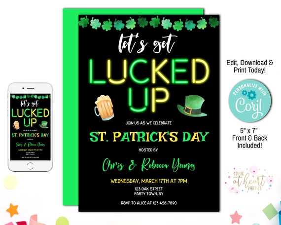 Editable St Patricks Party Invitation, St Pattys Day Party Invitation Template, Let's Get Lucked Up, Digital Download, Corjl Invitation Il_570xn
