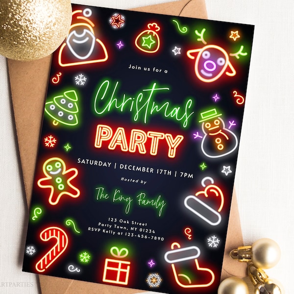 Editable Neon Christmas Party Invitation, Neon Holiday Party Invitation Template, Neon Christmas Signs, Instant Download, Evite Invitation