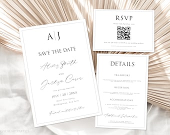 Minimalist Wedding Monogram Wedding Invitation Template Set, QR Code RSVP, Editable Modern Minimalist Wedding Suite Bundle, Corjl, MM5