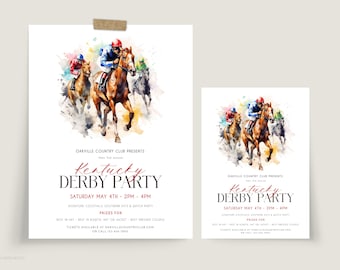 Volantino e invito per una festa del Kentucky Derby, invito per poster di una festa di corse di cavalli modificabile, modello di volantino per derby di cavalli, invito fantino stampabile