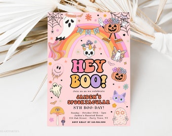 Editable Halloween Retro Groovy Rainbow Ghost Birthday Party Invitation Hey Boo Pink Ghost Birthday Hippie Halloween Instant Download