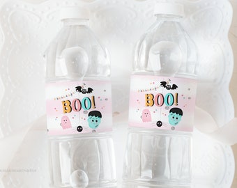 Pastel Halloween Water Bottle Labels, Pink Halloween Bottle Wrappers, Girls Halloween Party Favor, Instant Printable Download, PH01