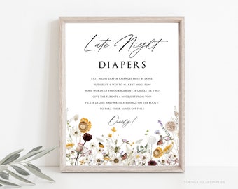 Wildflower Late Night Diapers Sign Template, Editable Diaper Thoughts Sign, Printable Late Night Diapers Sign, Floral Baby Shower Sign, DFWF